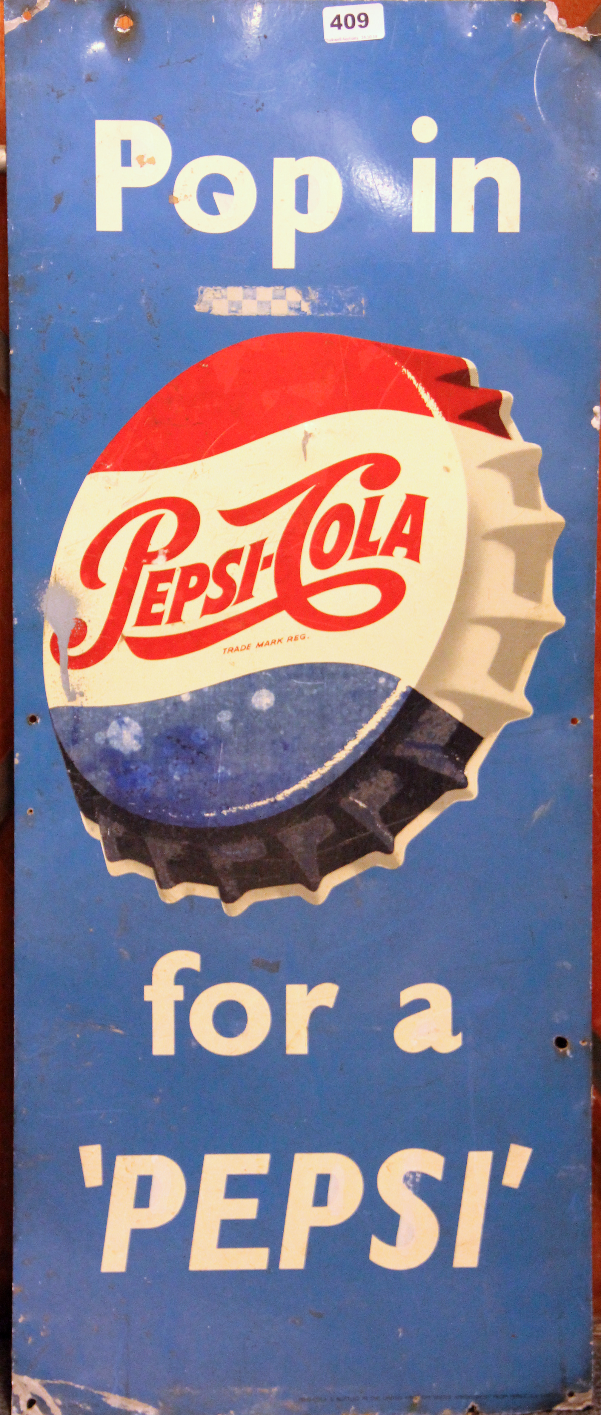 A vintage Pepsi Cola aluminium advertising sign, size 38 x 91cm.