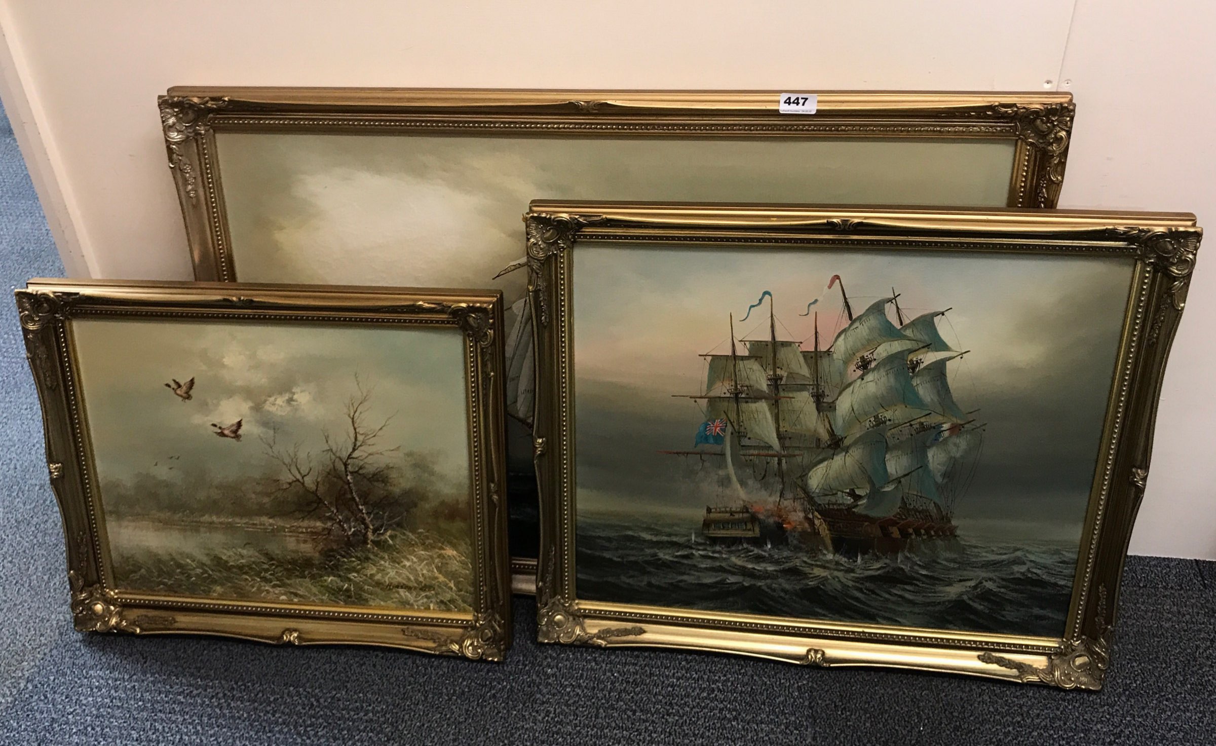 Two framed oils on canvas of sailing ships and two further oils, largest framed size 100 x 70cm.