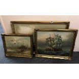 Two framed oils on canvas of sailing ships and two further oils, largest framed size 100 x 70cm.