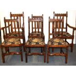 A set of six vintage oak dining chairs with barley twist decoration.