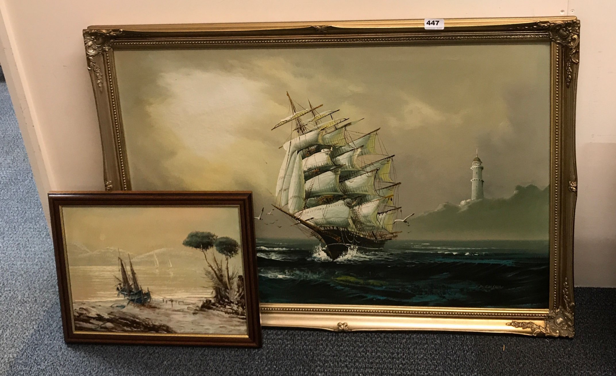 Two framed oils on canvas of sailing ships and two further oils, largest framed size 100 x 70cm. - Image 2 of 2