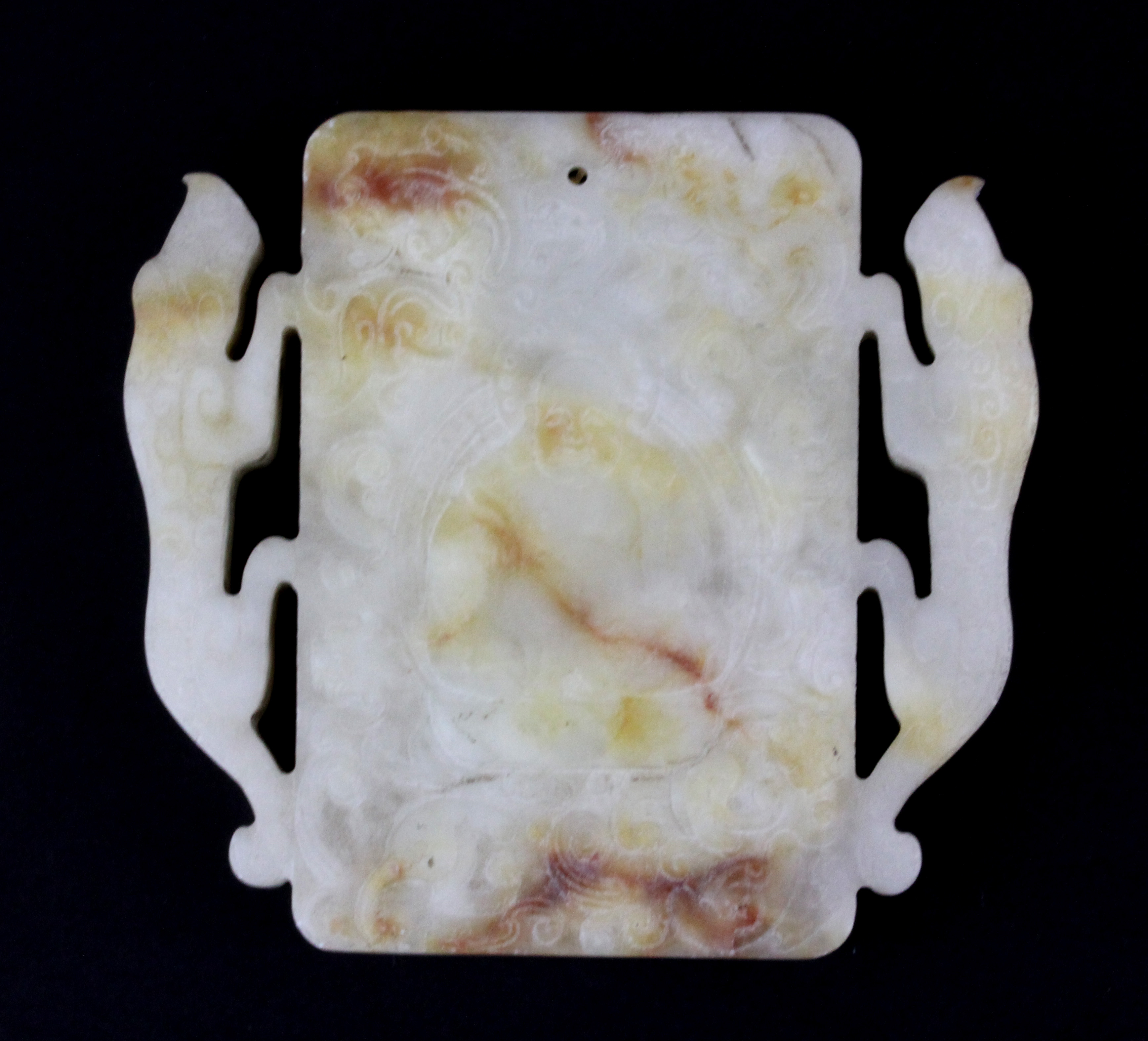 A fine Chinese carved white and russet jade/ hardstone amulet of the seated Putai flanked by two - Image 2 of 2