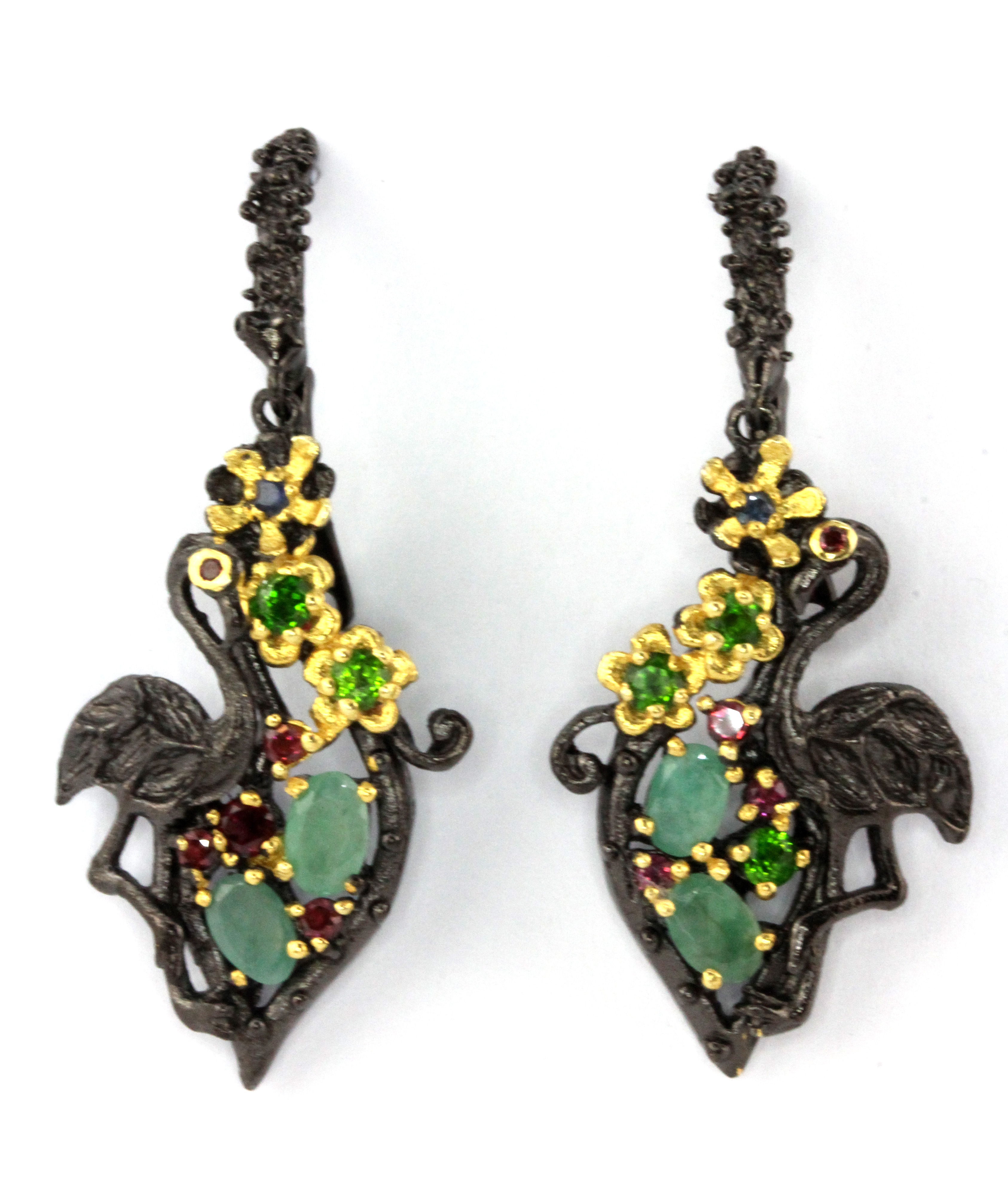 A pair of Hana Maae designer 925 silver gilt earrings set with emeralds, rodolite garnet and other