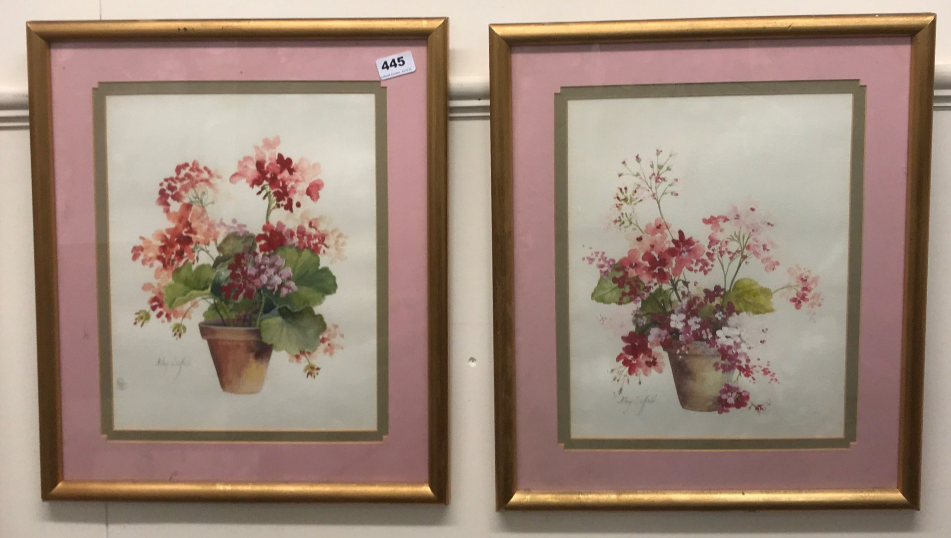 A pair of gilt framed watercolours of flowers by Hilary Scoffield, British (1958), framed size 44