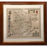 A framed early map of Essex mounted in a double sided glass, framed size 76 x 66cm.