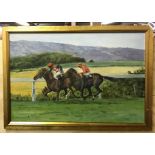 A gilt framed oil on board of a horse race signed L.E.Davey, framed size 67 x 46cm.