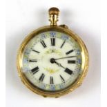 An 18ct gold lady's fob watch, Dia. 3.7cm. Understood to be in working order.