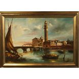 A gilt framed oil on board of a Venetian scene, signed N.D.Angelo, framed size 89 x 61cm.
