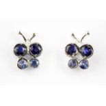 A pair of 18ct white gold butterfly shaped earrings set with round cut sapphires, L. 1cm.