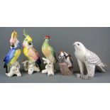 A pair of porcelain figures of parrots, tallest 17cm together with three further bird figures.