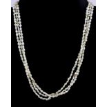 A 14ct yellow gold (stamped 14k) and three rows of freshwater pearls necklace, L. 40cm.