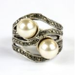 A 925 silver and marcasite pearl set ring, (O).