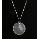 An 18ct white gold plated chain, together with a white jade disk pendant set with white stones, disk