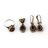 A matching suite of 925 silver gilt stone set earrings, ring and pendant, L. 2.5cm, (O)..