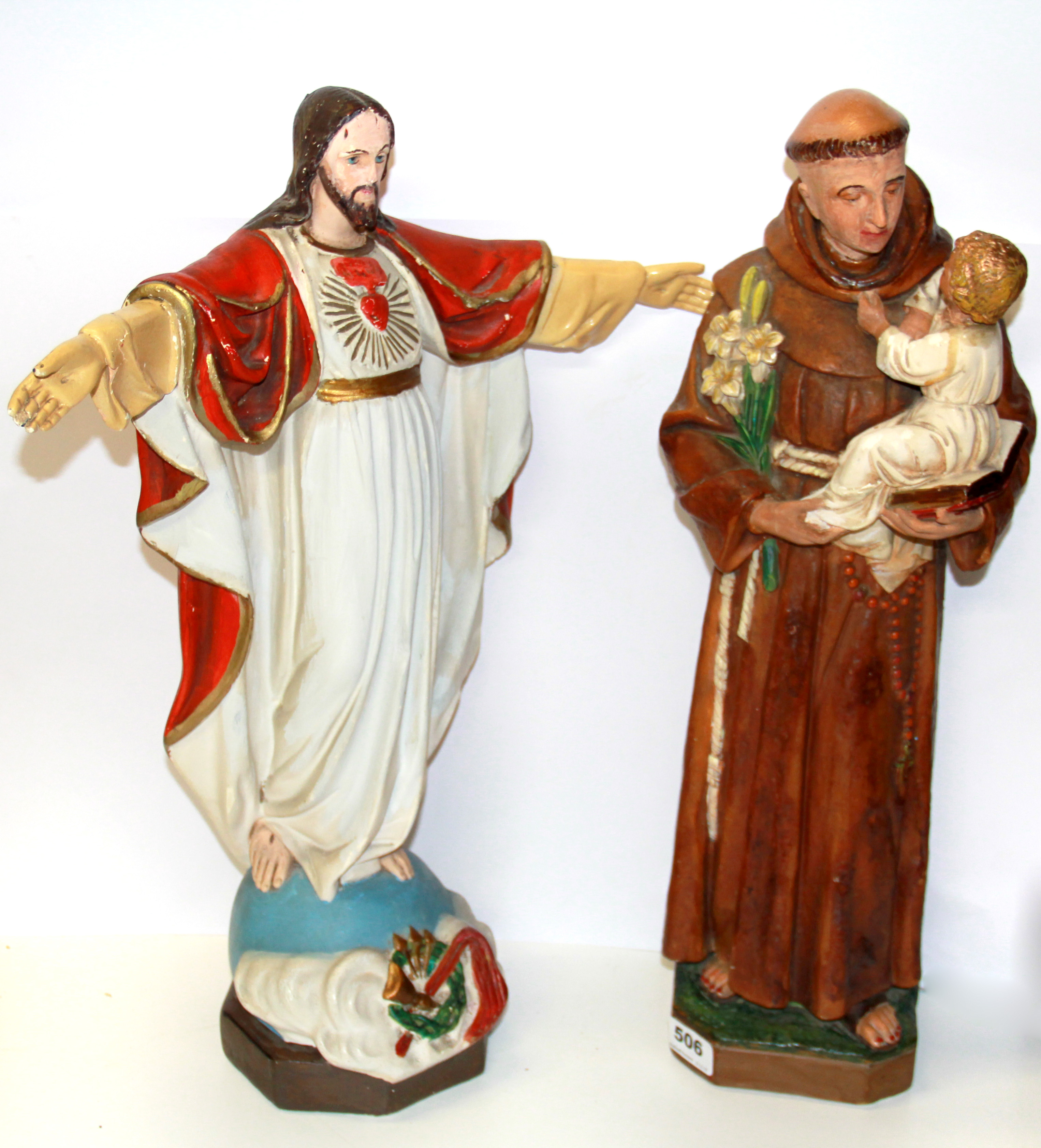 Two large plaster figures of Jesus and a Saint, H. 54cm.
