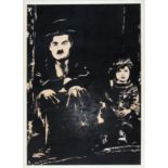 A framed contemporary painting on silk of Charlie Chaplin, framed size 67.2 x 47cm.