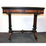 A 19th century burr walnut and ebonised double column side table, size 87 x 48 x 76cm.