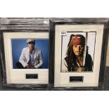 A group of four framed autographed celebrity photographs including Johnny Depp, Brad Pitt, Jack