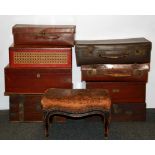 A quantity of vintage cases, wooden boxes, together with a wooden foot stool