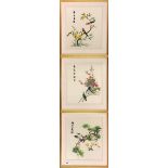 Three framed Chinese embroideries on silk depicting birds among foliage, framed size 42 x 35cm.