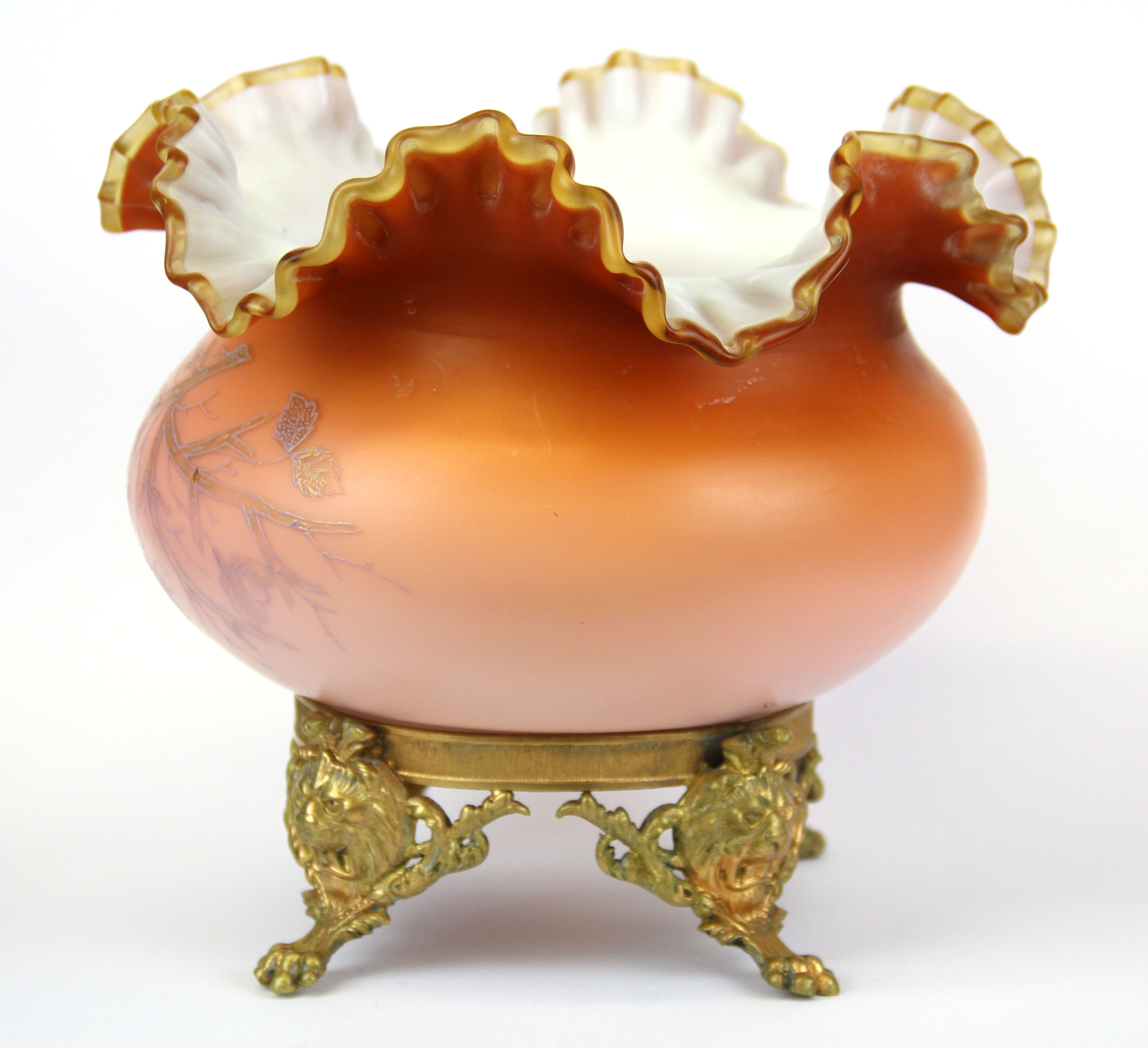 A Victorian opaline glass bowl mounted on a gilt bronze stand with lion's paw feet, H. 20m. - Image 2 of 2