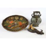 A Japanese porcelain plate together with a bronze vase and porcelain figurine, plate Dia. 25.5cm.