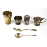 A hallmarked silver cruet set, two silver coffee spoons and a silver topped horn goblet.