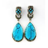 A pair of 925 silver ruby, turquoise and marcasite set drop earrings, L. 5cm.
