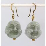 A pair of 925 silver gilt drop earrings set with carved jade in the shape of the Happy Buddha, L.