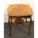 A gilt and hand painted walnut side table with Chinoiserie decoration, size 50 x 50 x 54cm.
