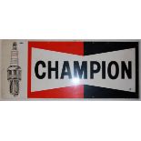 A metal advertising sign for Champion spark plugs, size 91.2 x 8cm.