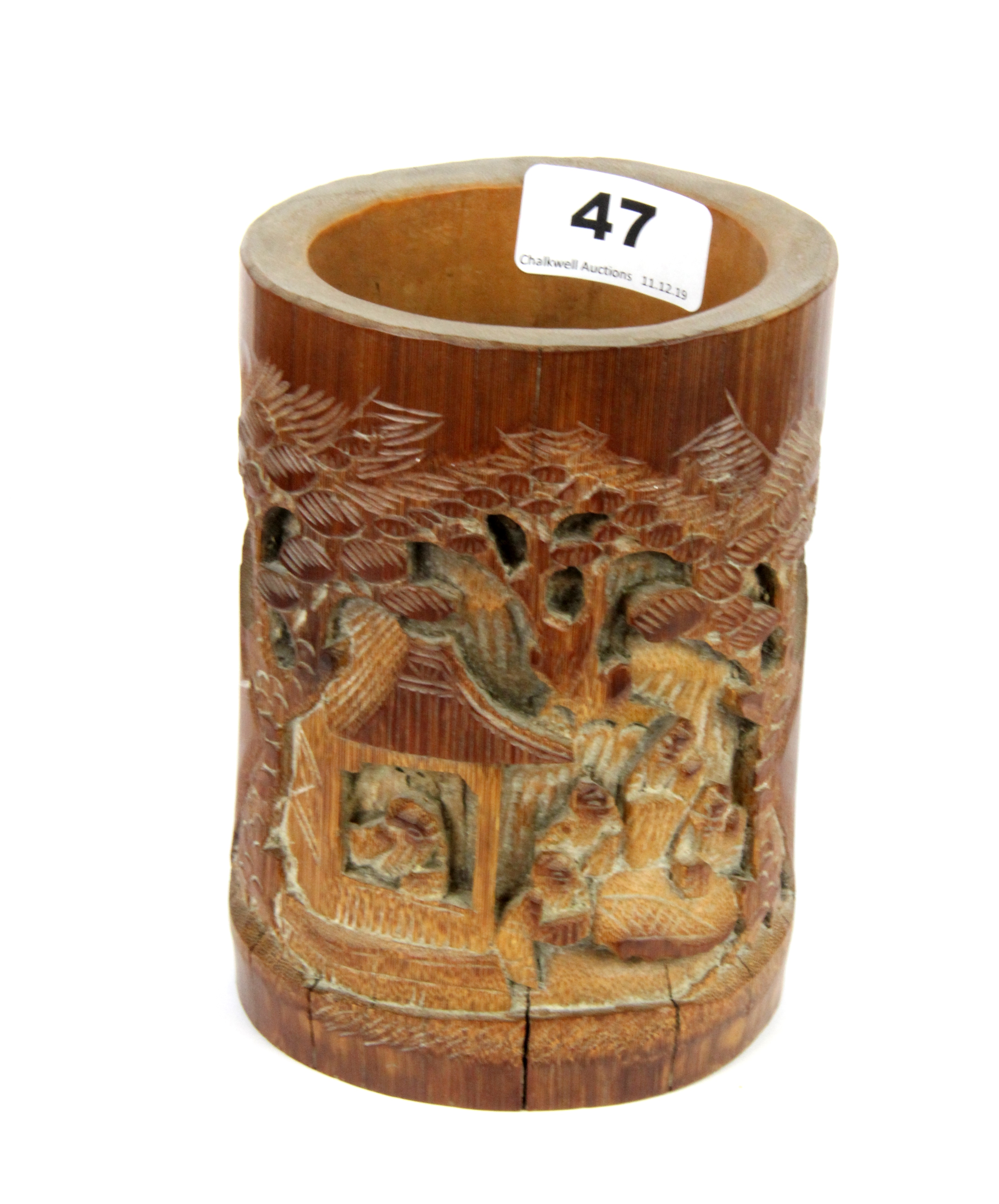 A mid 20thC Chinese carved bamboo brush pot, H. 15cm. - Image 2 of 4