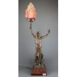 A cast spelter figural table lamp on a red marble base, H. 85cm.