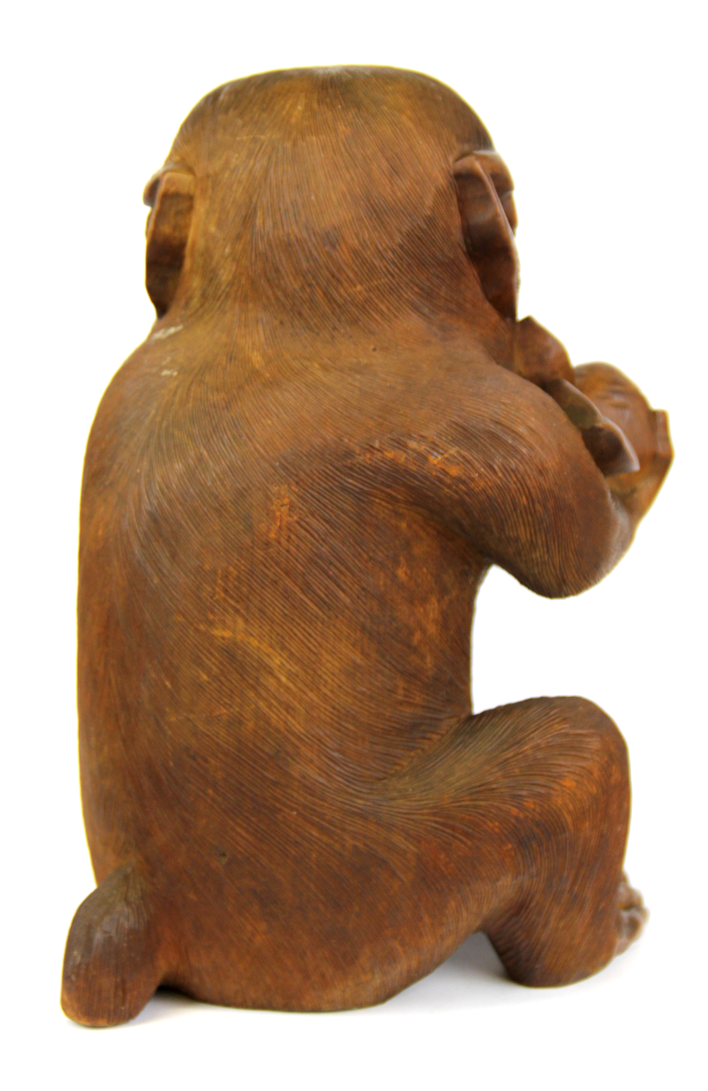 An Oriental carved wooden monkey figure with glass eyes (possibly Japanese), H. 30cm. - Image 2 of 2