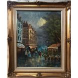 A gilt framed 1970's oil on canvas of a street scene with indistinct signature, framed size 53 x