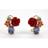 A pair of 925 silver gilt enamelled earrings set with tanzanites, L. 1.8cm.