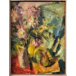 A framed acrylic on board abstract painting by Cyril Mann (British 1911-1980), signed Mann bottom