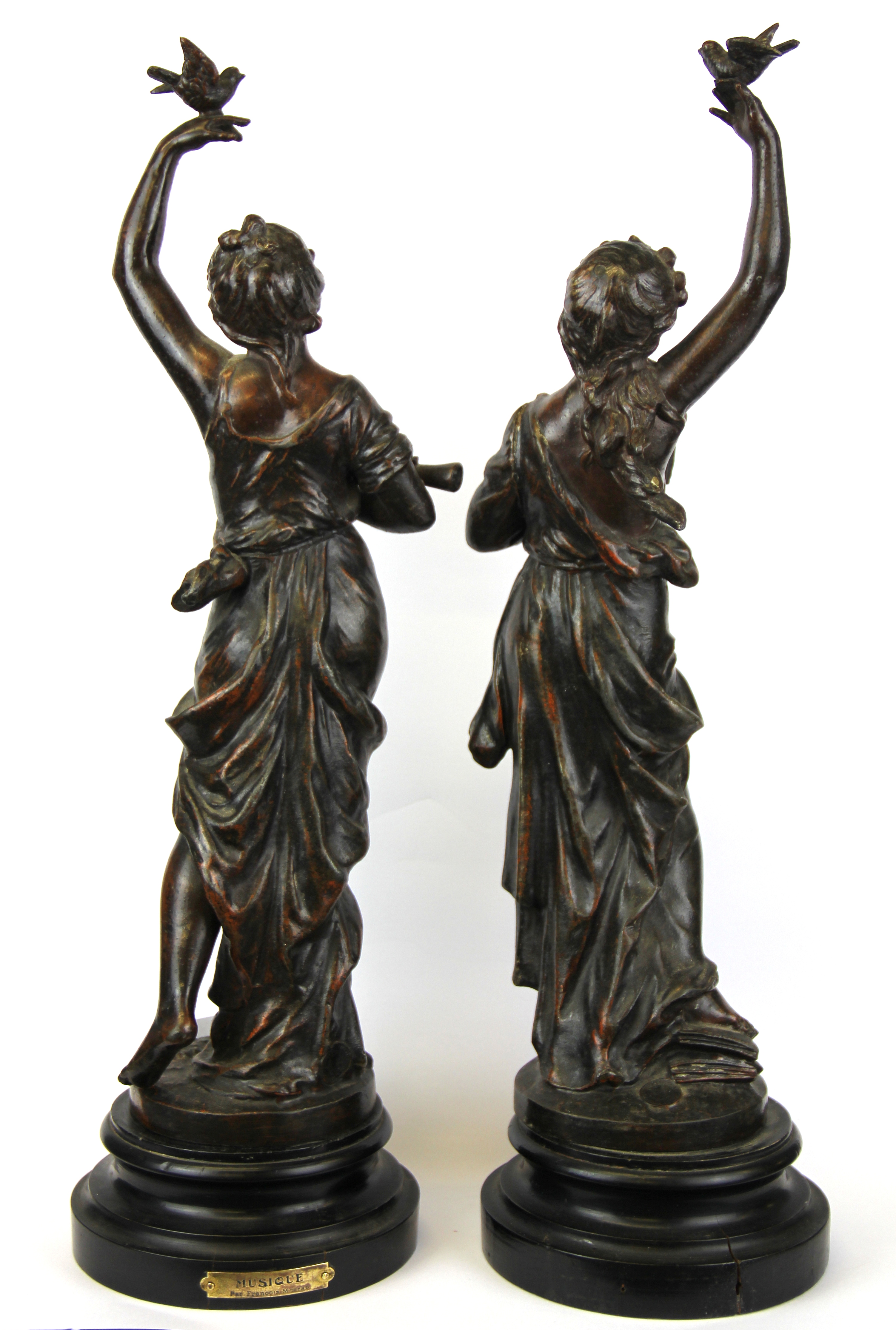 A pair of bronzed spelter muse figures on wooden plinths, H. 44cm. - Image 2 of 2