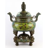 A large Chinese cloisonne on bronze censer with lion dog feet with matching bronze stand, H. 50cm.