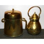 A large brass pot with lid together with a brass kettle, teapot H. 40cm.