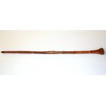 A carved wooden fist handled walking stick with carved fish, alligators and a castle down the