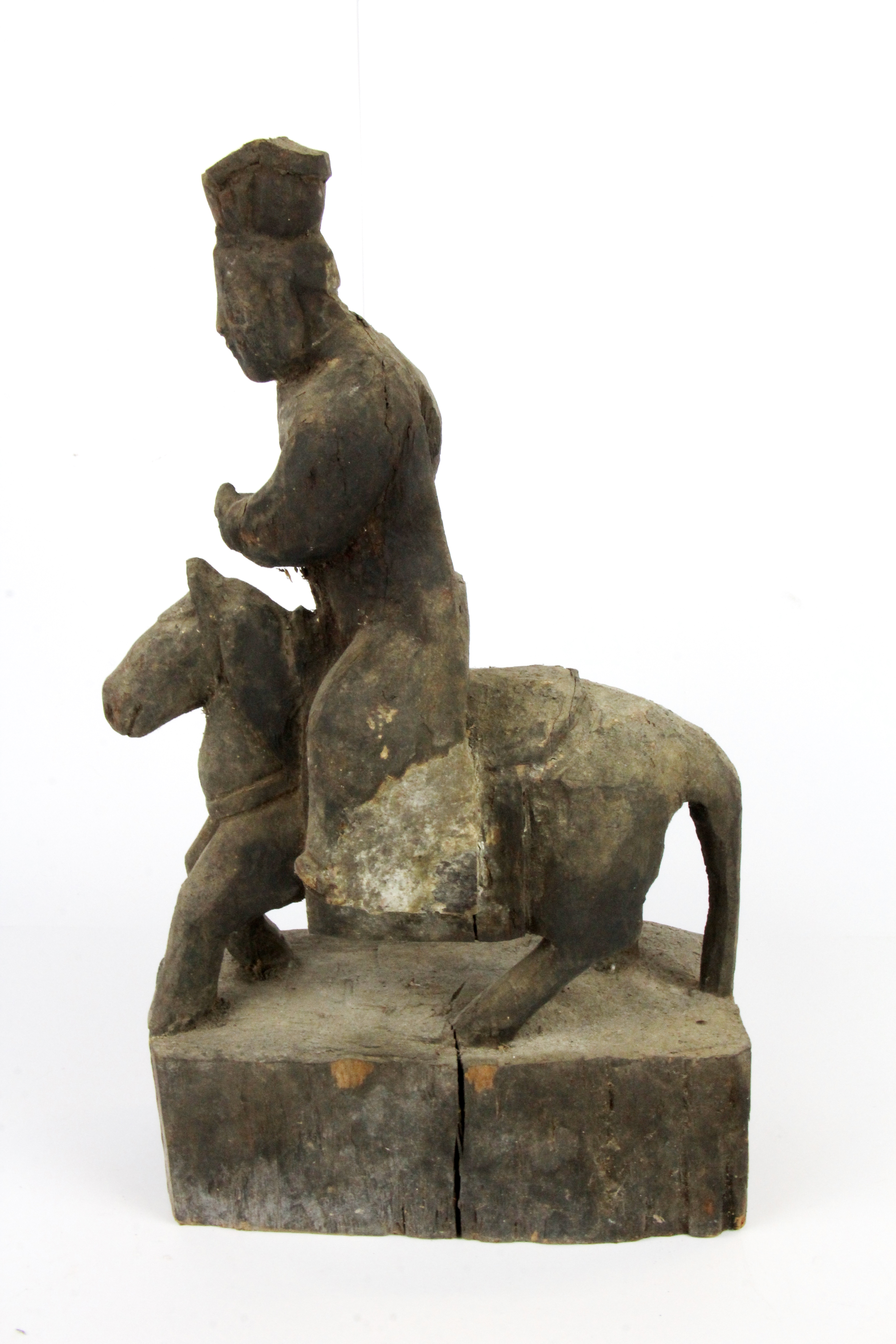 A rare Chinese Qing dynasty carved wooden figure of a deity riding a horse with a prayer cavity in - Image 4 of 4