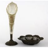 A 1902 pierced white metal coronation dish and a white metal mounted cut glass vase.