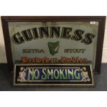 A wooden framed Guinness pub advertising mirror together with a no smoking mirrored sign, largest 96