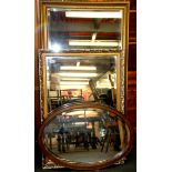 Two gilt framed mirrors and an oak framed mirror, largest size 72 x 133cm.