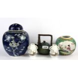 A group of Chinese porcelain items including a ginger jar and a terracotta teapot, ginger jar H.