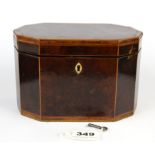 A 19thC burr veneered tea caddy, size 18.3 x 17.5 x 11cm.