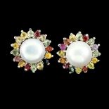 A pair of 925 silver cluster earrings set with pearls and round cut fancy coloured sapphires, Dia.