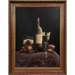 A framed oil on board still life, framed size 61 x 48.5cm signed M. Morgan to the bottom left.