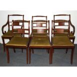 A set of six brass inlaid Regency style dining chairs.